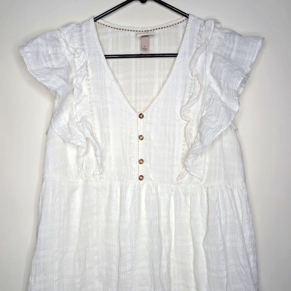 Knox Rose V Neck Ruffled White Short Sleeve Cottagecore Mini Dress Size Large - Picture 3 of 16